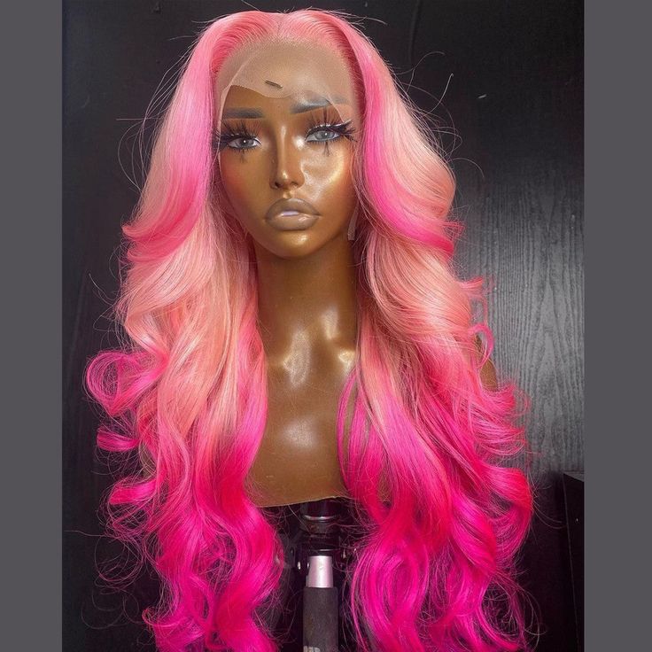 Hair Color: Pink Ombre Color Highlight Style Hair Texture: 613 Raw Hair Hair Length: 14-30" (Picture: 24 Inches) Hair Type: Human Hair 13*4 Lace Front Hair Density: 150% Lace Color: Transparent Cap Size: Medium Cap Size (22-22.5 Inches) Knots: Hand Tied Single knots at the front hairline, double knots throughout the rest of the cap to endure durability. Hair Style: The wig is freestyle ventilated, which means you can comb your hair in any direction. Style Lace Front Wig, Bday Plans, Valentines Hair, Wigs Collection, Pink Ombre Hair, Hair Colorful, Easy Curls, Color Wigs, Lace Fronts