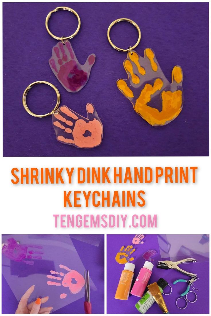 handprinted keychains made with shrinky pink and orange paint on purple paper