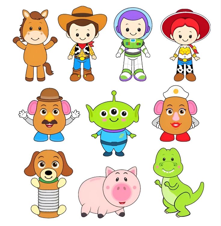 various cartoon characters are shown in this image