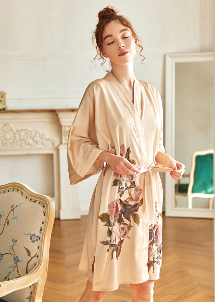 Embrace your inner sensual and romantic with this mid-length silk kimono featuring dainty rose prints. Features- French seams- Removable sash - Belt loops and inside ties- Side slits at hem Measurements- 36” full length- Up to 48” at hips and chest Silk Kimono Outfit, Silk Robe Outfit, Lingerie Aesthetic, Rose Prints, Kimono Outfits, Muted Yellow, Traditional Japanese Kimono, Dainty Rose, Wedding Kimono