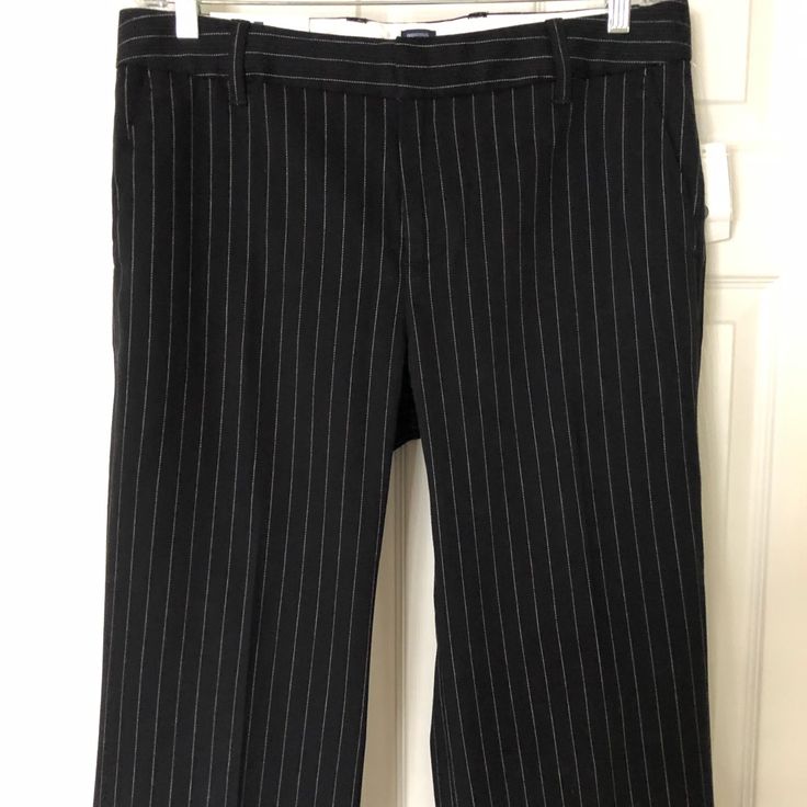 98% Cotton 2% Lycra Spandex Sits Low On The Waist And Straight Through The Hip Fitted Striped Pants For Office, Elegant Striped Stretch Pants, Fitted Gap Bottoms For Business Casual, Casual Striped Pants For Office, Pinstripe Fitted Ankle-length Bottoms, Fitted Pinstripe Ankle-length Bottoms, Stretch Straight Leg Striped Pants, Striped Stretch Straight Leg Pants, Stretch Striped Straight Leg Pants