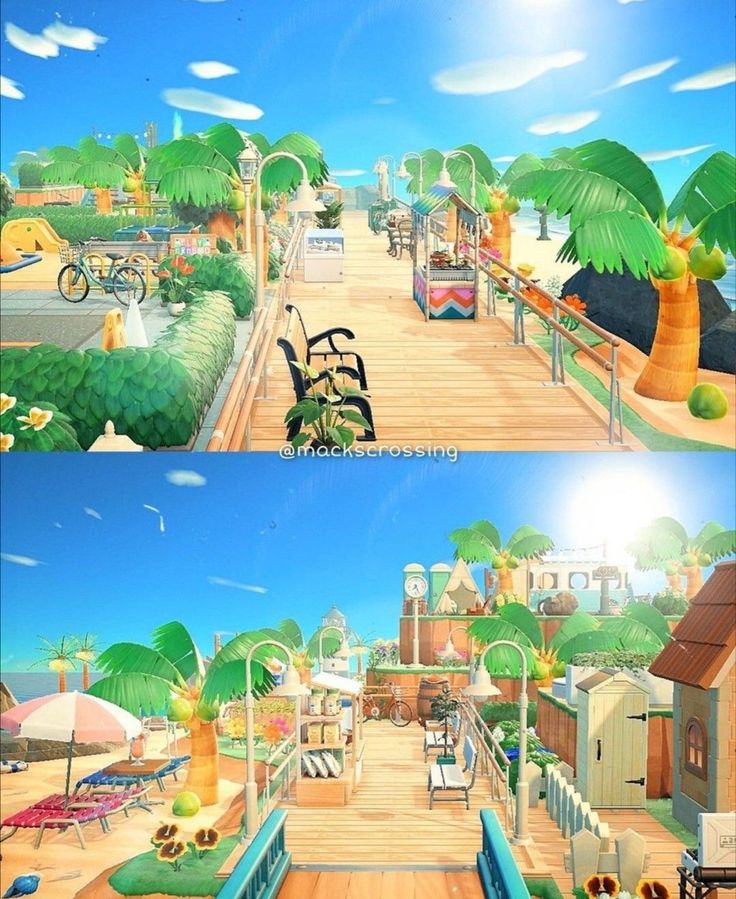 two different views of the same area in an animated video game, one shows a boardwalk and