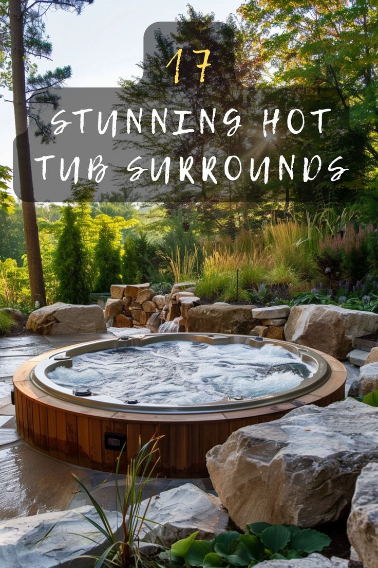 an outdoor hot tub surrounded by rocks and plants with text overlay that reads 17 stunning hot tub surrounds