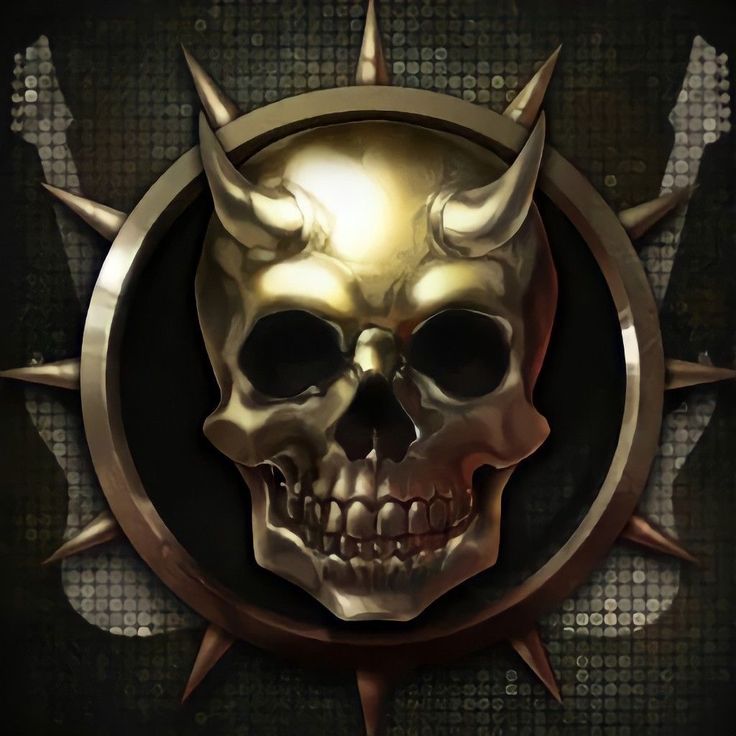 a golden skull with horns and spikes on it's head is surrounded by metallic circles