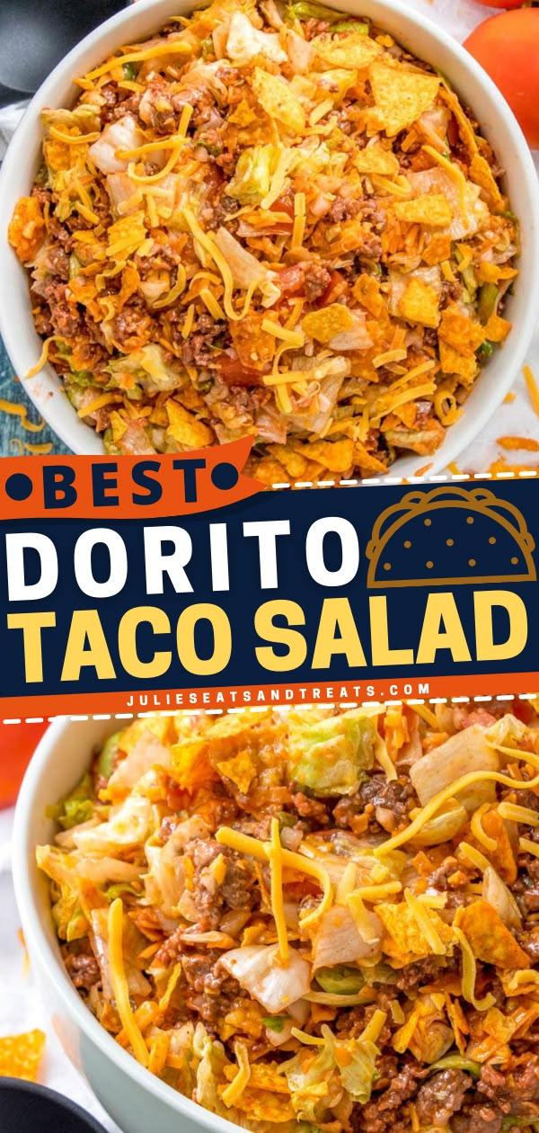 the best doritoo taco salad recipe in a white bowl