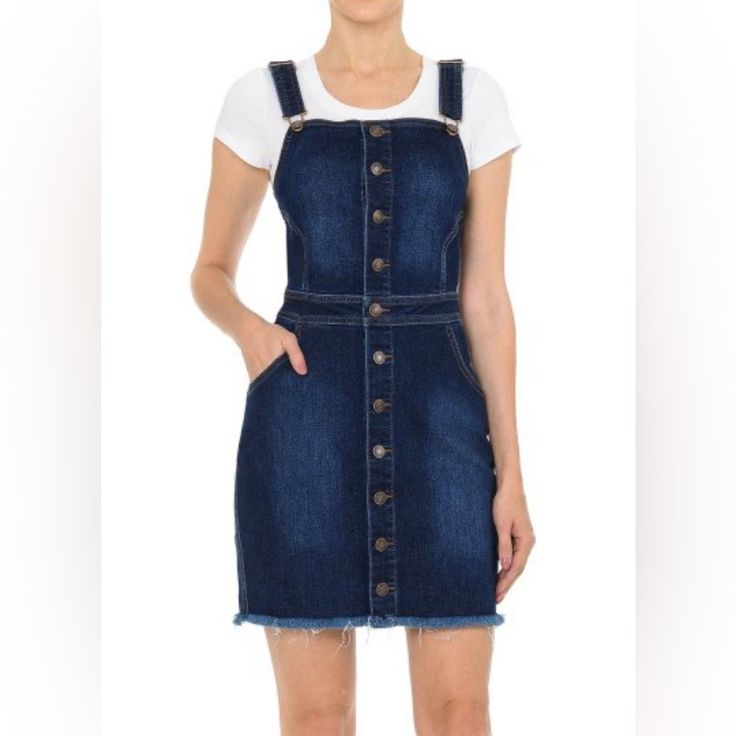 New Wax Jean Button-Front Denim Dress Dark Blue Adjustable Straps Denim Overall Shorts, Jean Dresses, Dress Dark Blue, Denim Overalls Shorts, Shorts Skirt, Waxed Jeans, Stretch Denim Fabric, Fashion Bottoms, Spandex Dress