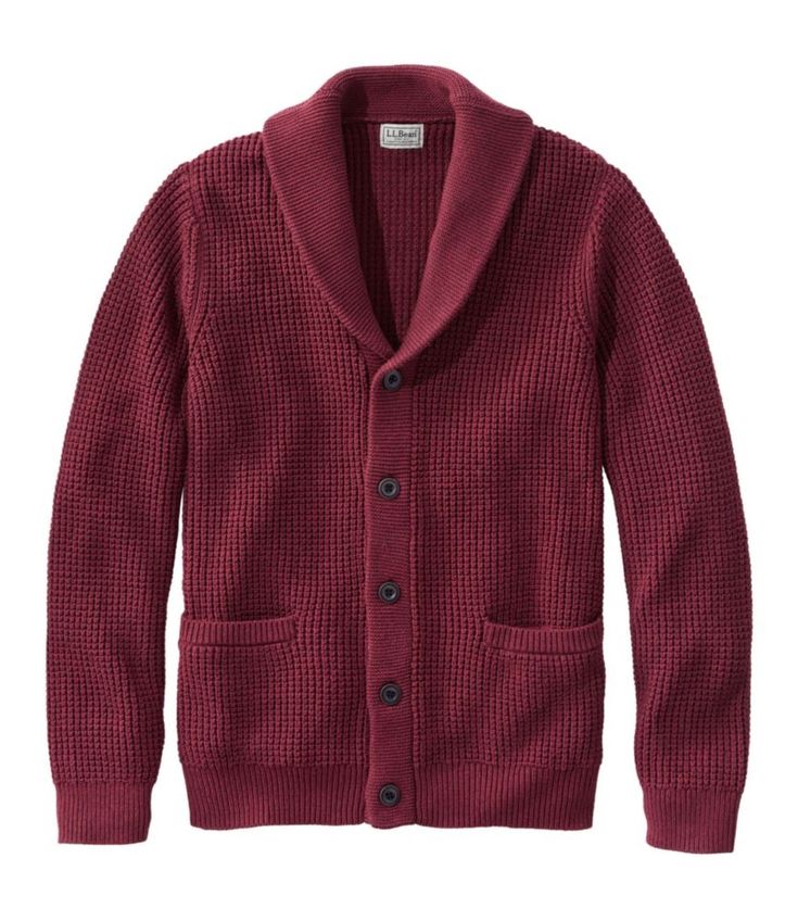 Our heaviest-weight cotton sweaters. There's nothing like the comfort of organic cotton, especially when it comes to this cozy, machine-washable cardigan. Traditional Fit: Relaxed through the chest, sleeve and waist. 100% organic cotton. Machine wash, dry flat. Thick waffle-stitch knit adds rugged texture. Traditional shawl-collar styling. Front pockets. Ribbed trim on cuffs and hem. Imported. | Men's Organic Cotton Sweater, Cardigan Sweater Cotton Sweaters, Waffle Sweater, Waffle Stitch, Cardigan Sweaters, Organic Cotton Yarn, Men's Sweaters, Ll Bean, Shawl Collar, Cotton Sweater