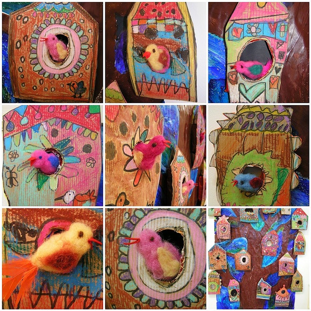 many different pictures of birds and houses made out of paper machs, with one bird in the middle