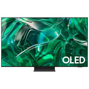 the oleed tv is on display in front of a white background with green swirls