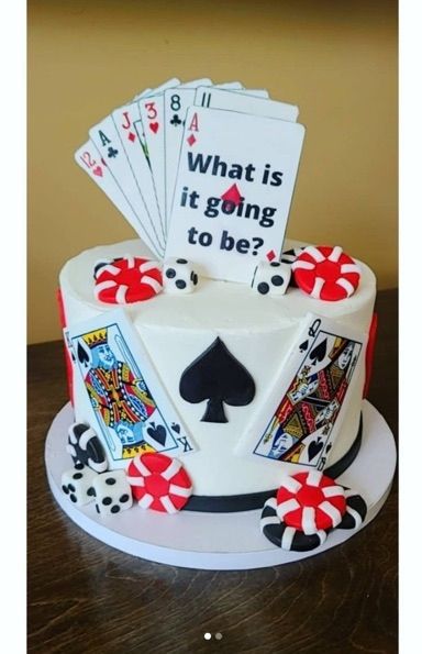 a birthday cake decorated with playing cards