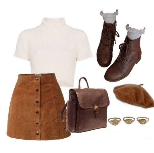 Leather Skirt Brown Outfit, Brown Jean Skirt Outfits, White Shirt Brown Skirt, Brown Short Boots Outfit, Brown Skirt Fall Outfit, Brown Short Skirt Outfit, Brown Beret Outfit, Light Brown Skirt Outfit, Short Brown Boots Outfit