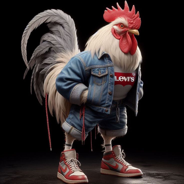 a chicken wearing a denim jacket and red shoes is standing in front of a black background