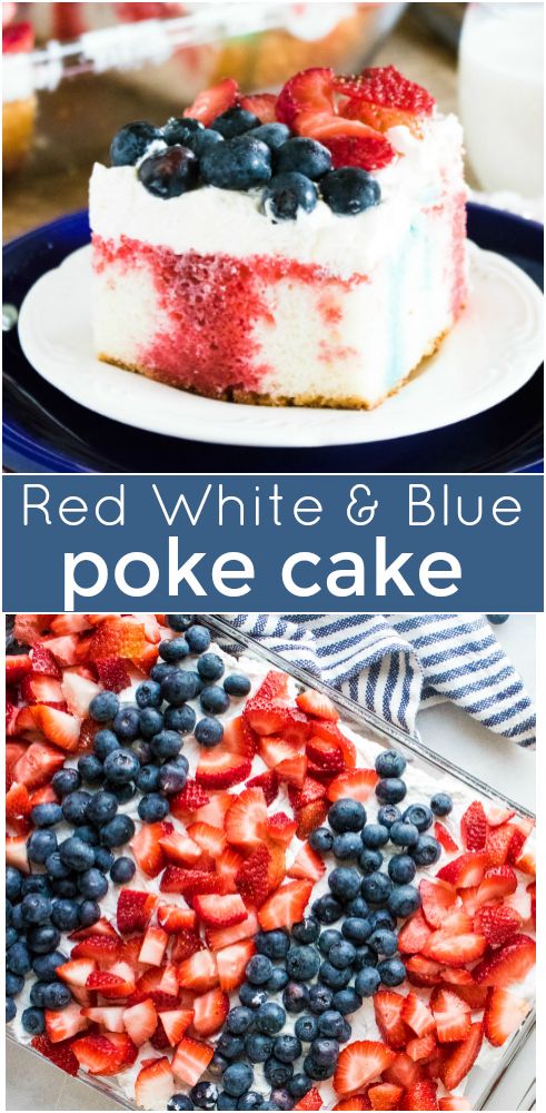 red, white and blue poke cake with berries on top