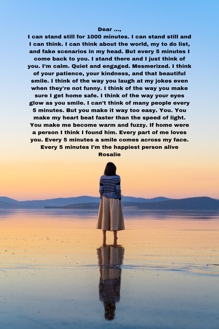 a woman standing on top of a beach next to the ocean with a poem written in front of her