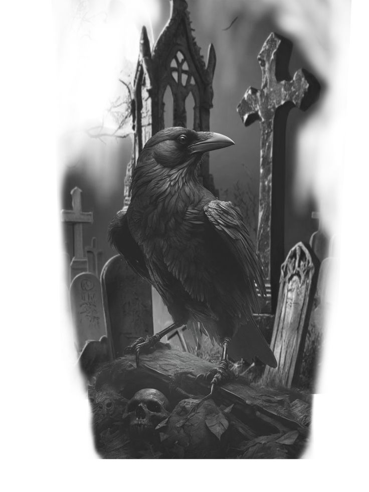 a black crow sitting on top of a grave in front of a cross and tombstone