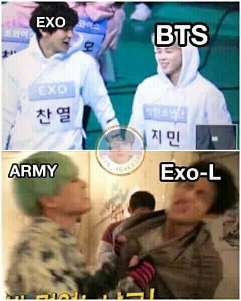 two pictures with the same caption in different languages, one is an exo and the other has bts