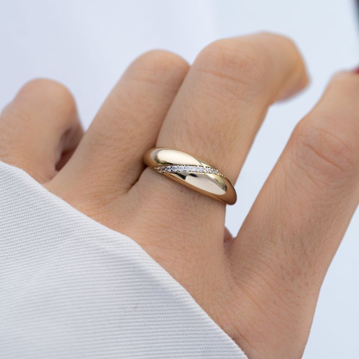 Beautiful dome ring featuring a pave stripe for a unique look!  - - - D E T A I L S - - - * Made of 925 Sterling Silver * We use a THICK plating of 14k Gold or Rhodium * Available in sizes 4-10 * Nickel-free & Hypoallergenic * 6mm Thick  * Made of highest grade cubic zirconia for an authentic diamond look! Comes in a cute gift box! Made with 100% Pure Love! ♡ Happy to answer any questions you may have! 🥰 Let's Connect! 🥰 IG: samijewels_ Gold Ring Price, Gold Dome Ring, Chunky Ring, Bridesmaid Gifts Jewelry, Gold Statement Ring, Dome Ring, Etsy Gold Ring, Chunky Rings, Mom Jewelry