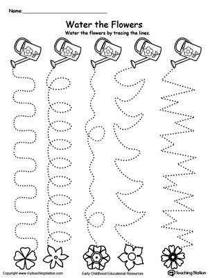 water the flowers worksheet for kids to practice handwriting and numbers, including letters