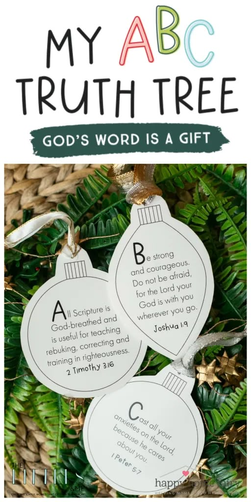 two christmas ornaments with the words, my abc truth tree god's word is a gift