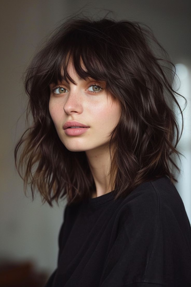 Bangs For Frizzy Wavy Hair, Tapered Lob Haircut, Long Shaggy Bob With Bangs, Textured Long Bob With Bangs, Alt Long Hairstyles, Long Shag Bangs, Shoulder Length Hair Shag, Shaggy Wavy Hair Mid Length, Edgy Long Bob