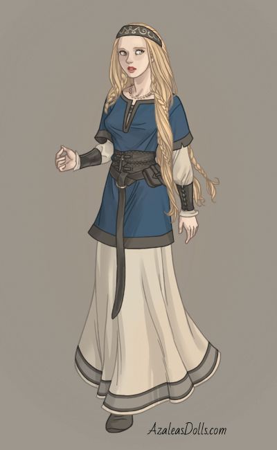 a drawing of a woman dressed in medieval clothing with long blonde hair and braids