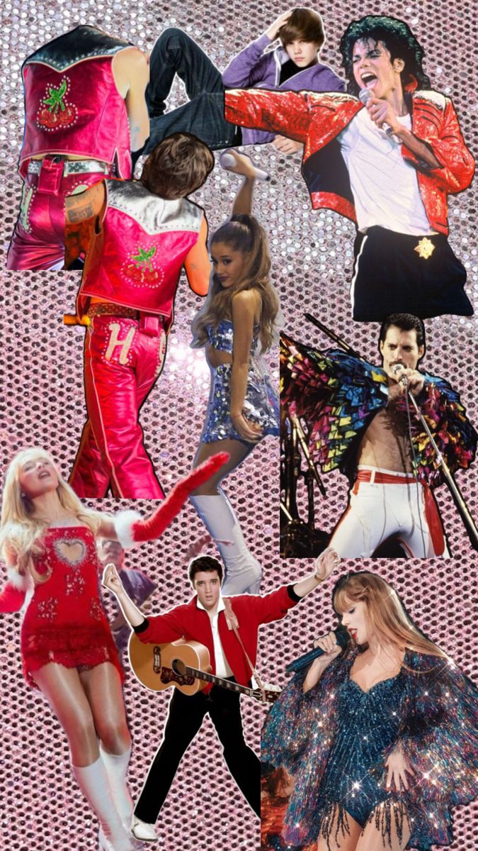 the collage shows many different styles of costumes and outfits, including one in red