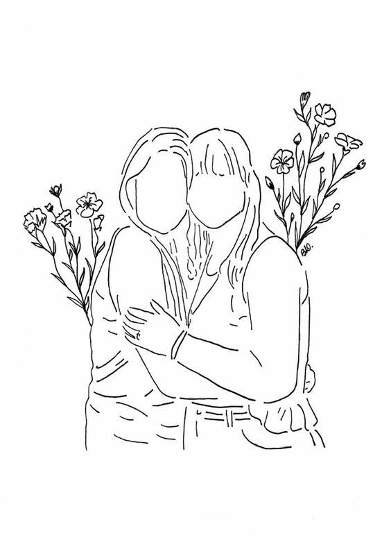 two people hugging each other with flowers in their hands coloring page for adults and children