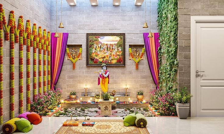 the interior of a temple decorated with flowers and candles for diwaling buddhas