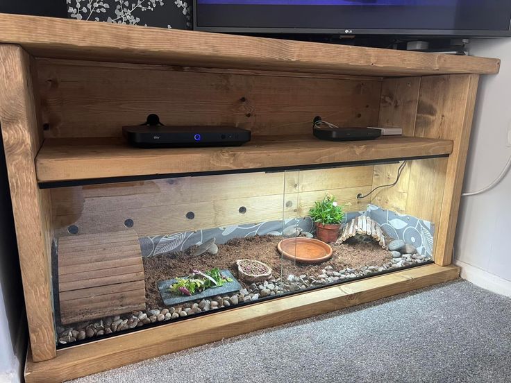 a fish tank filled with plants and rocks in front of a television set on top of a wooden shelf