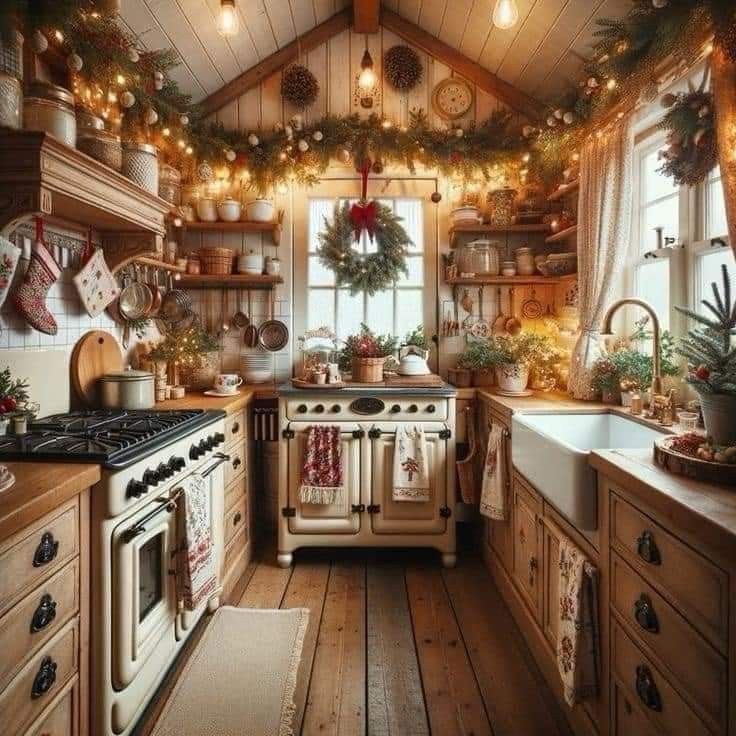 an old fashioned kitchen decorated for christmas with garlands and lights on the windows above