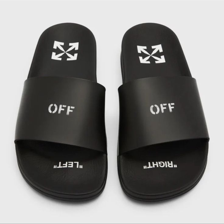 Brand New In Box. Casual Black Slides With Logo, Black Logo Sandals For Summer, Black Slides With Logo For Summer, Black Logo Slides For Summer, Modern White Round Toe Slides, Modern White Flat Slides, Off White Slides, Logo Flip Flops, White Slippers