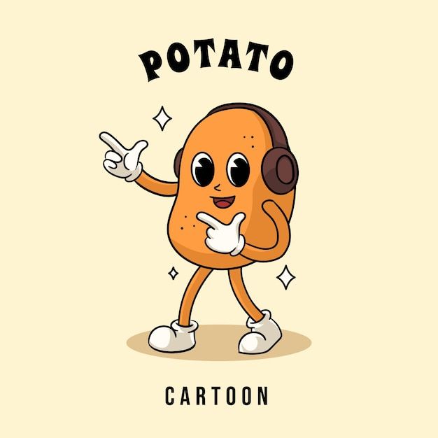 an orange cartoon character with headphones and the words potato on it's face