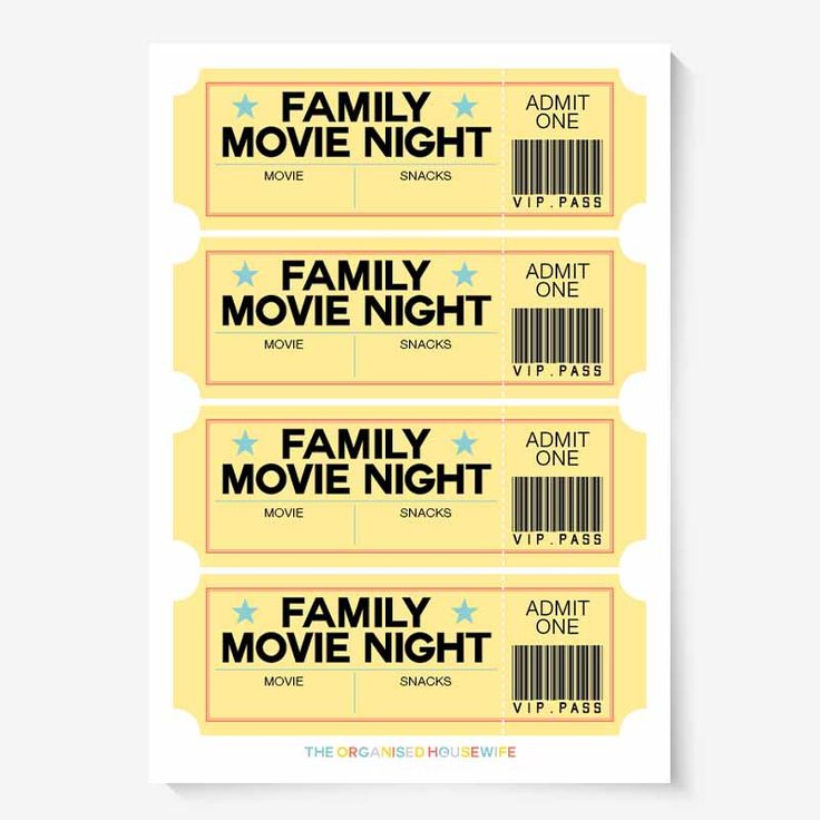 three movie tickets with the words family movie night written on them in black and white