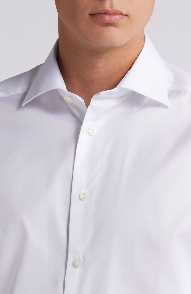 Cut in a slim fit, this sharp dress shirt is constructed from high-performance, crease-resistant cotton and fitted with a classic spread collar. 32" length; 45" chest (size 16.5) French placket Spread collar Mitered, adjustable button cuffs Darts at the back to adjust the width Curved hem 100% cotton Dry clean or machine wash, line dry Imported Twill Dress, Chest Size, Dress Shirt, Cotton Twill, High Performance, Size 16, Dry Clean, Nordstrom, Slim Fit