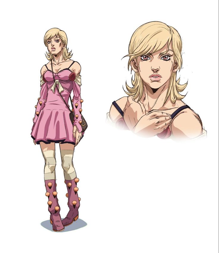 a drawing of a woman with blonde hair wearing boots and a pink dress, standing in front of a white background