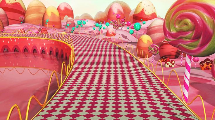 an animated scene with candy land and colorful candies on the ground, as well as large lollipops