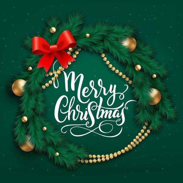 merry christmas wreath with red bow and balls on dark green background - free vector eps file