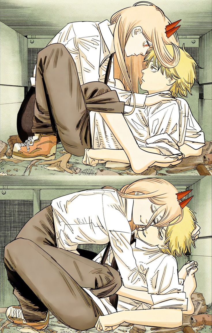 two anime characters are kissing each other in the same room, one is wearing a white shirt and brown pants