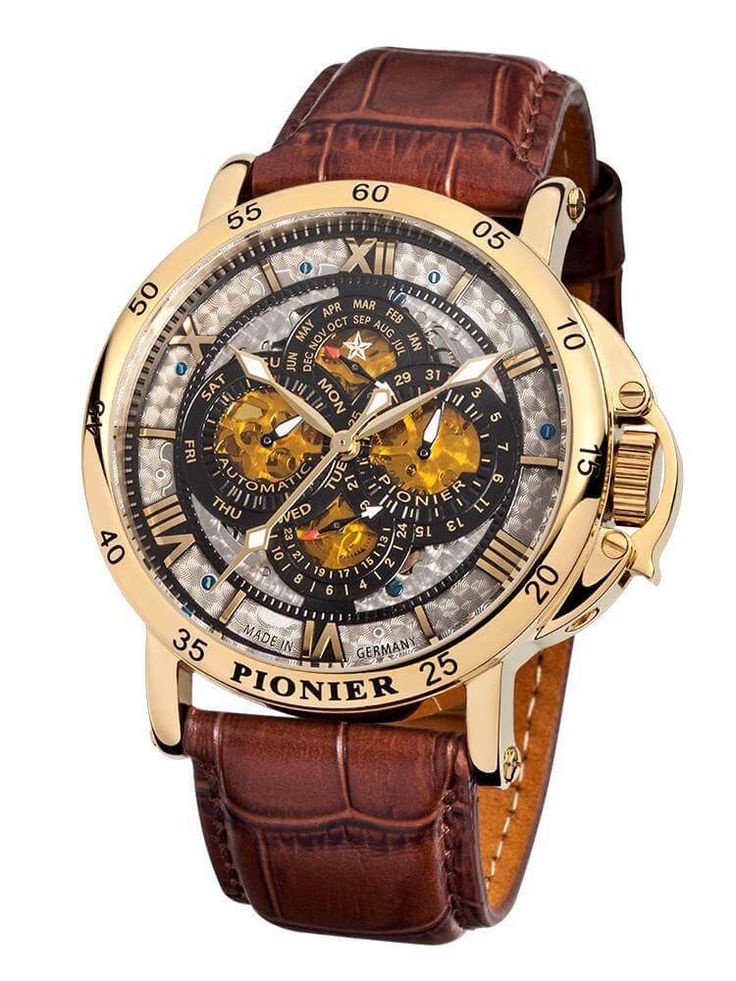 Automatic calendar watch the Dublin Pionier Made in Germany Luxury Brown Business Watch, Luxury Brown Business Watches, Luxury Brown Watches With Subdials, Brown Skeleton Dial Watch For Formal Occasions, Luxury Brown Chronograph Watch With Metal Dial, Brown Chronograph Watch With Rectangular Dial, Brown Chronograph Watch With Rectangular Dial And Subdials, Brown Rectangular Dial Analog Watch, Formal Brown Watch With Metal Dial