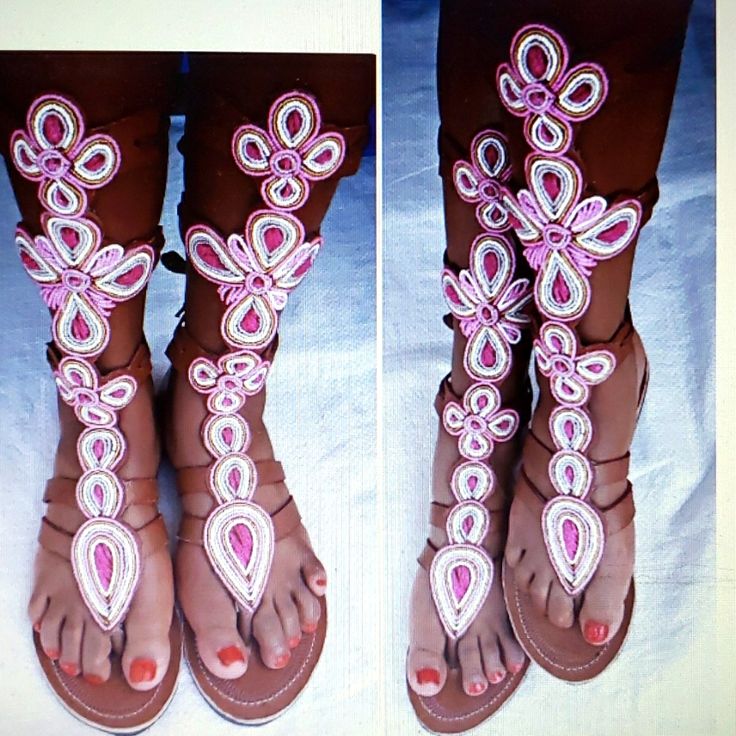 Original African-Handmade Flat-Heeled Sandals (From Kenya And Nairobi); Brown-Leather Strappy, Long Gladiator-Style Sandals, Color: Pink/Raspberry/White Masai Hand-Beaded Design Up The Front Of The Leg (Mid-Calf High), 3 Ties Around Back Of Leg; Size: 40 (Us 9). Handmade White Barefoot Sandals For Vacation, Handmade White Barefoot Sandals For Summer, Handmade White Ankle Strap Sandals, Handmade White Sandals For Spring, Handmade Barefoot Sandals For Spring Party, Adjustable Pink Bohemian Sandals, Pink Adjustable Barefoot Sandals, White Barefoot Sandals For Festivals, White Handmade Leather Sandals