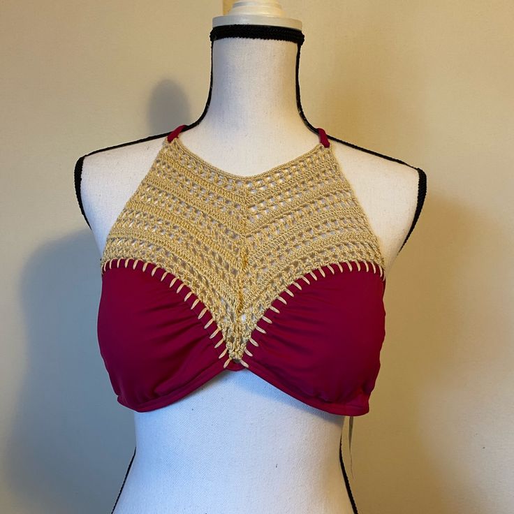 Women’s Swimwear; Red Bikini Top Red Triangle Halter Top For Sunbathing, Red Triangle Halter Top For Beach, Red Halter Neck Top For Poolside, Red Halter Top For Beach Season Swimming, Red Halter Top For Swimming During Beach Season, Red Halter Top For Vacation Beachwear, Red Halter Top For Pool, Red Halter Top For Poolside Beach Season, Red Halter Top For Beach Vacation