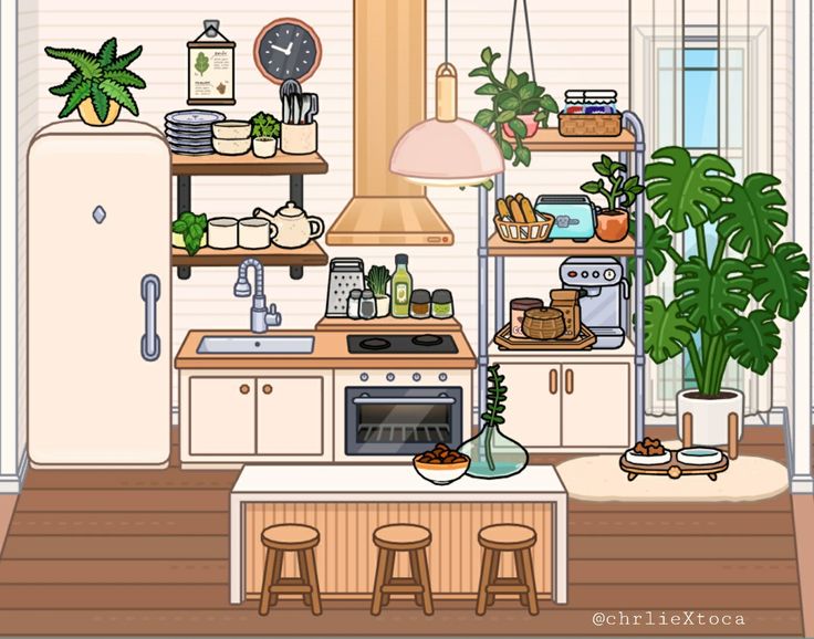 an animated kitchen scene with pots and pans on the stove, potted plants in vases