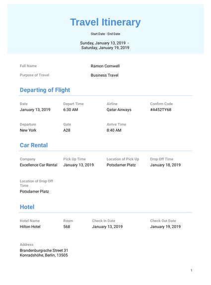 the travel itinerary page is shown in blue and white