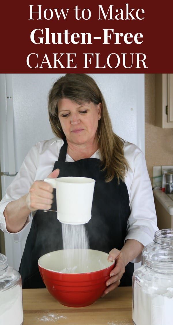 a woman pouring flour into a red bowl with the words how to make gluen - free cake flour