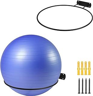 a blue exercise ball with black straps and yellow screws on the ground next to it