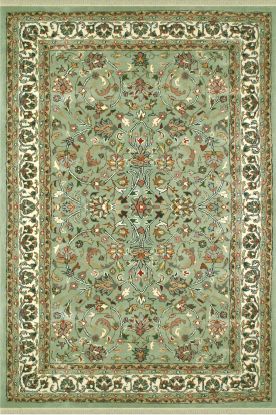 a green rug with an ornate design on the center and sides, in various colors