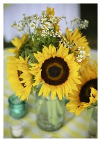 two vases with sunflowers are sitting on a checkered cloth tablecloth