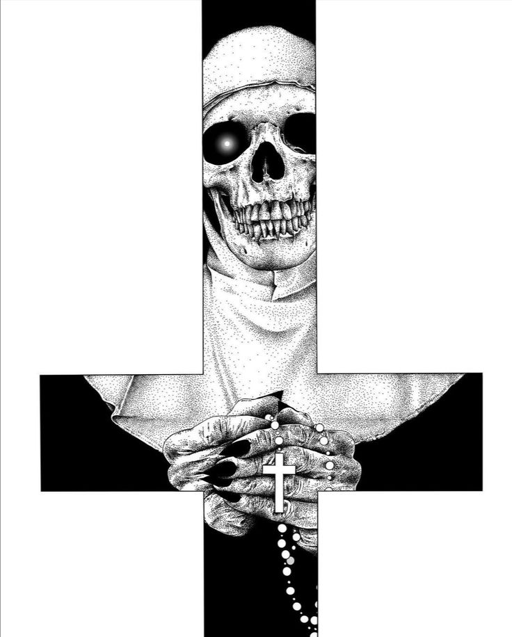 a black and white photo of a cross with a skeleton holding a rosary in it's hands