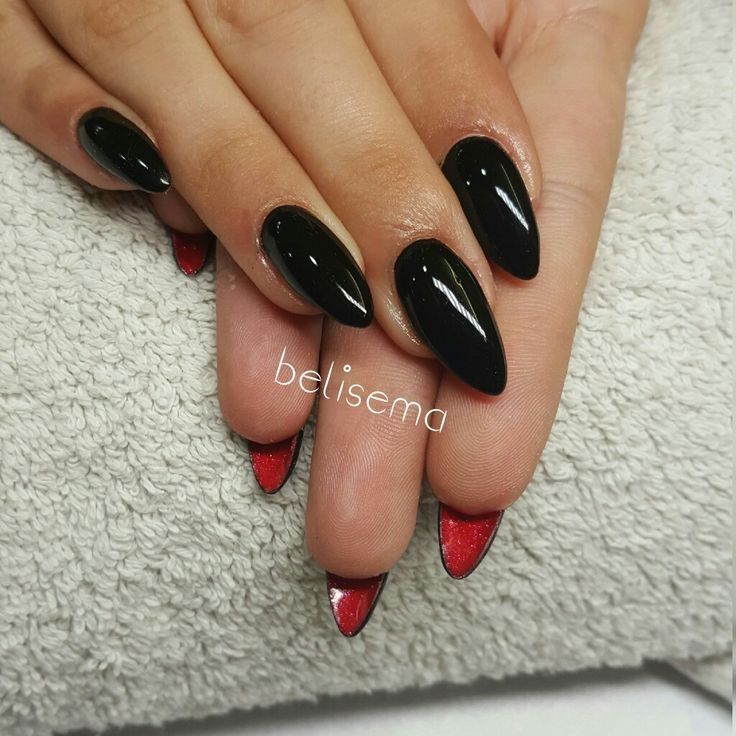 Louboutin Nails Almond, Black Nail Red Under, Black Nails With Red Bottoms Almond, Red Bottom Almond Nails, Black Nail Red Bottoms, Louboutin Nails Stilleto, Black Nail With Red Under, Red And Black Prom Nails Acrylic, Short Red Bottom Acrylic Nails