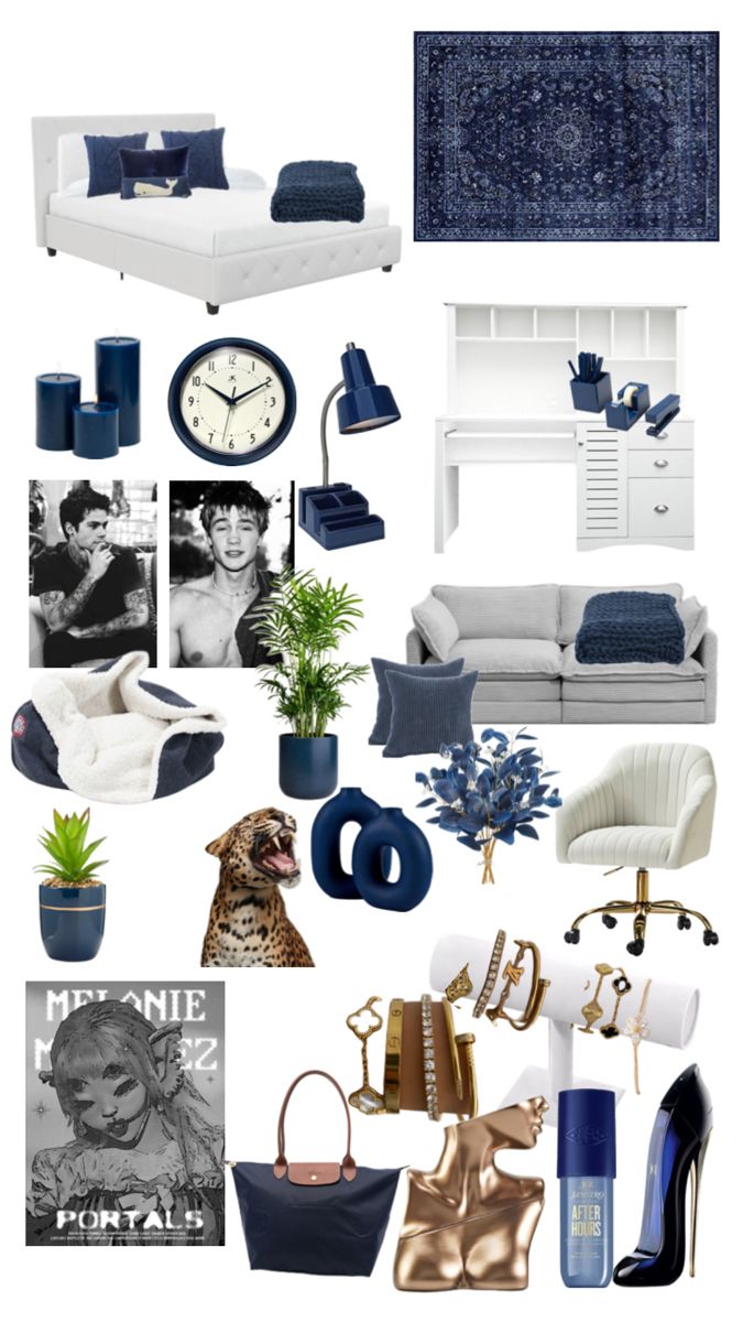 a collage of blue and white decor items